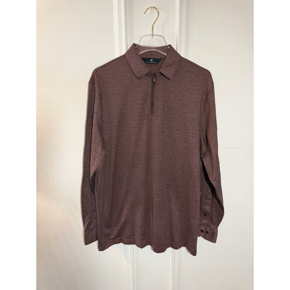 Hart Schaffner Marx Men's Large Brown Geometric 1/4 Zip Long Sleeve Polo Shirt